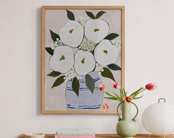Floral Vase Print: White Flower Bouquet Wall Art | Blue & Green Botanical Decor