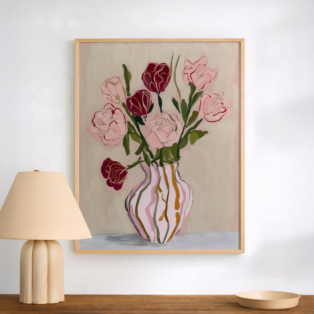 Modern Floral Vase Art Print – Pink Roses Still Life, Soft Neutral Wall ...