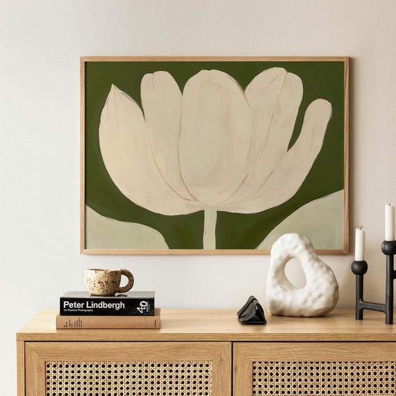 Framed White Tulip Print: Abstract Floral Landscape, Modern Green Wall Art