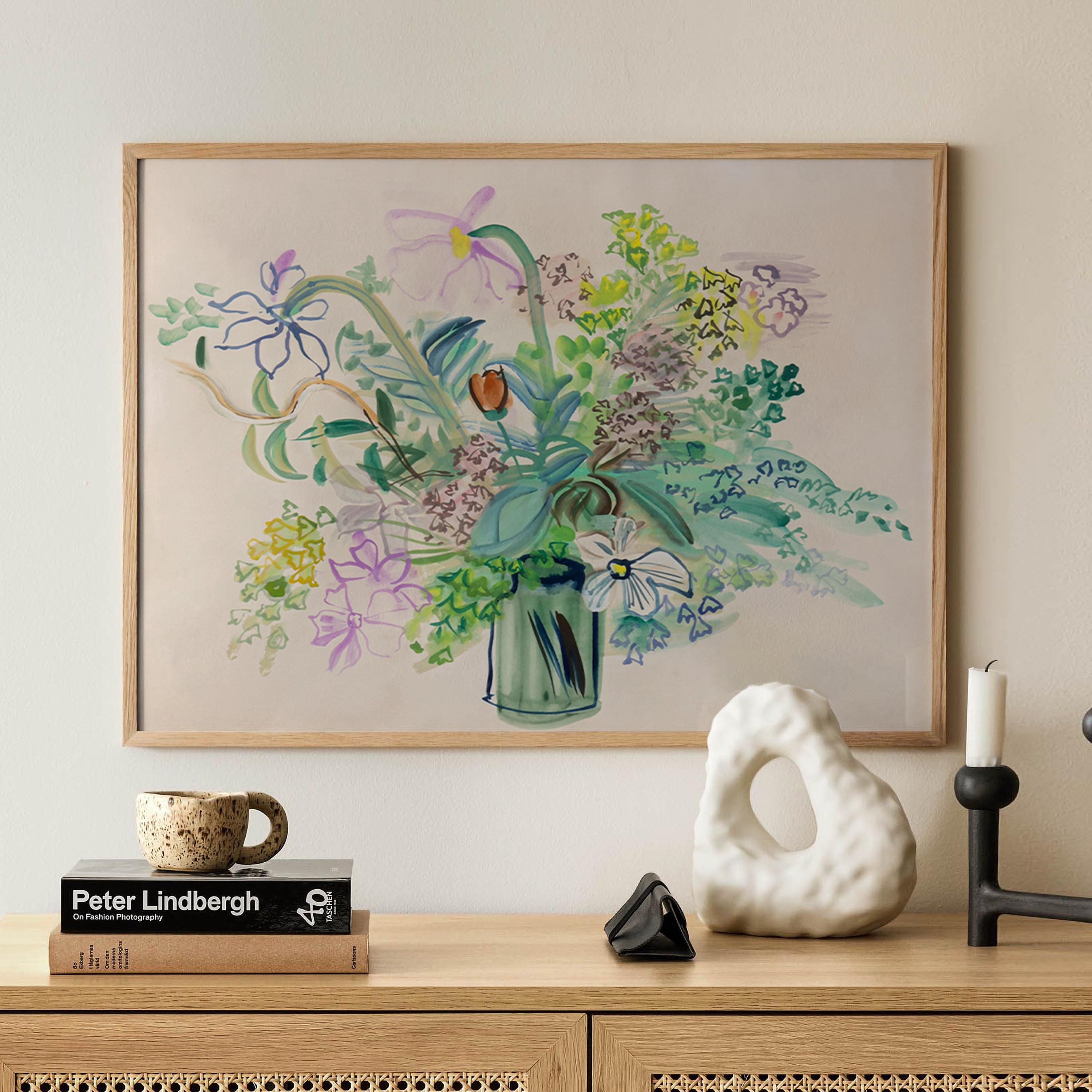 Wildflower Bouquet Wall Art Print, Abstract Floral Vase Artwork, Soft ...