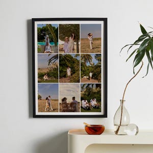 May include: A framed photo collage with a black border. The collage is divided into twelve rectangular sections, each displaying a different photograph of people in outdoor settings. The photos feature people in white clothing.