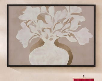 Lámina decorativa de pared con jarrón floral en tonos neutros: póster botánico minimalista para la decoración moderna del hogar.