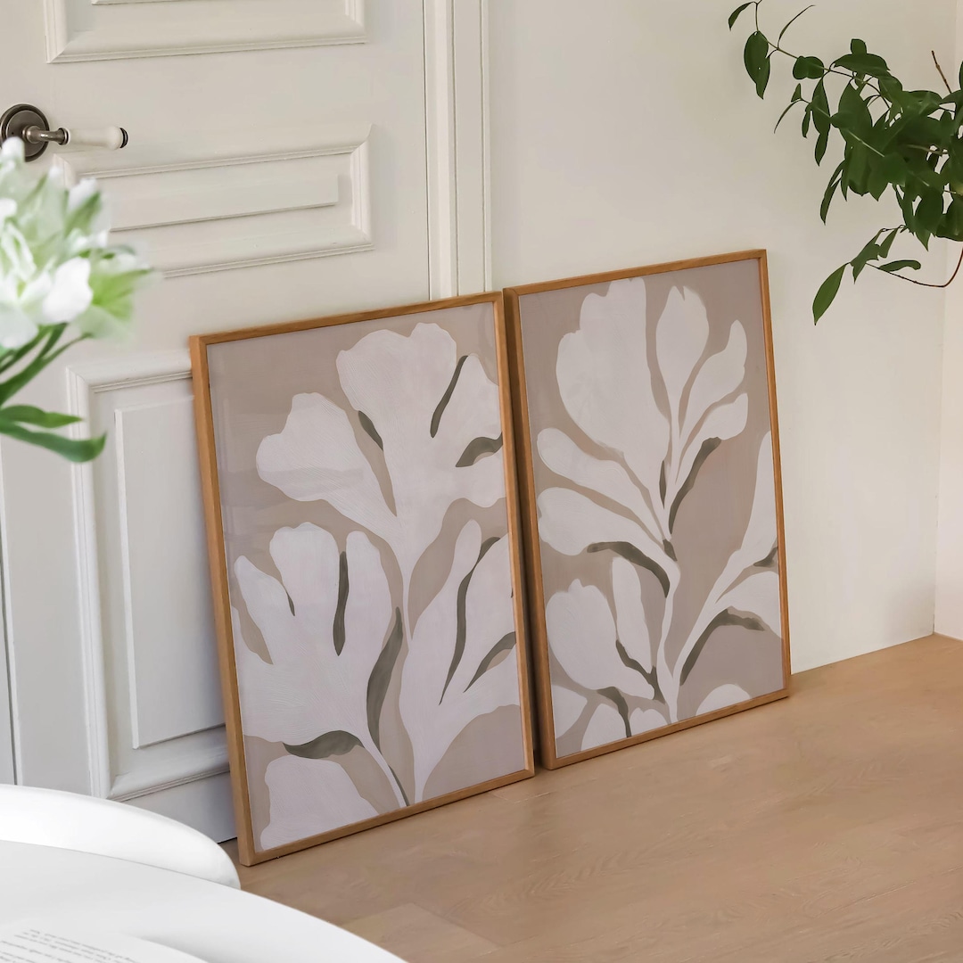 Neutral Botanical Wall Art Set of 2, Beige Floral Prints, Minimalist ...