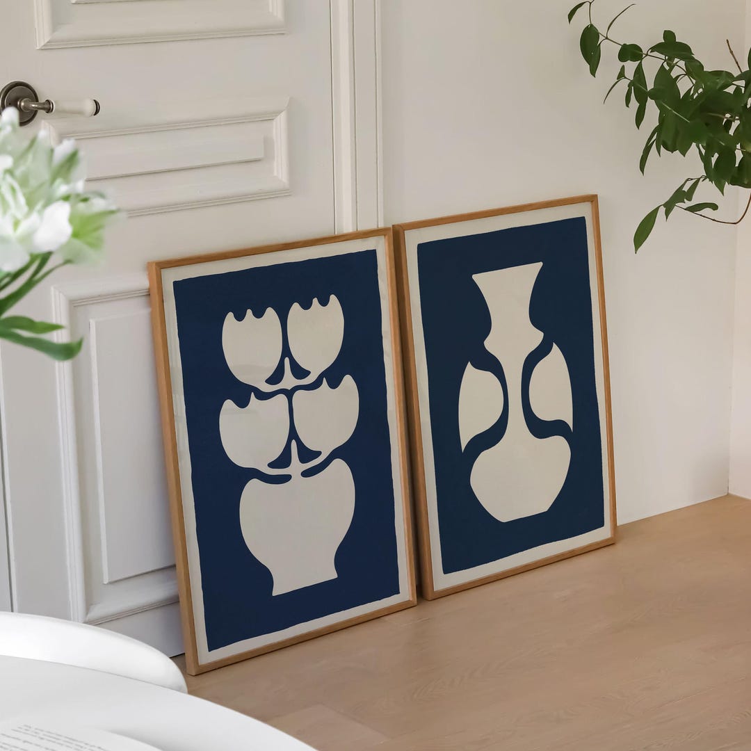 Minimalist Botanical Wall Art Set of 2, Blue Scandinavian Prints ...