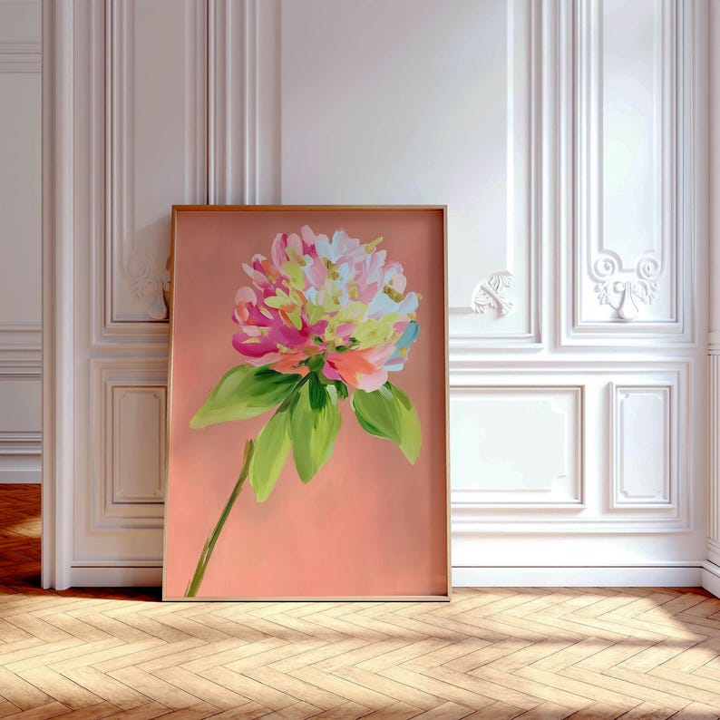 May include: A painting of a large, pink, white, and green flower with a peach background. The flower is painted in a loose, abstract style.