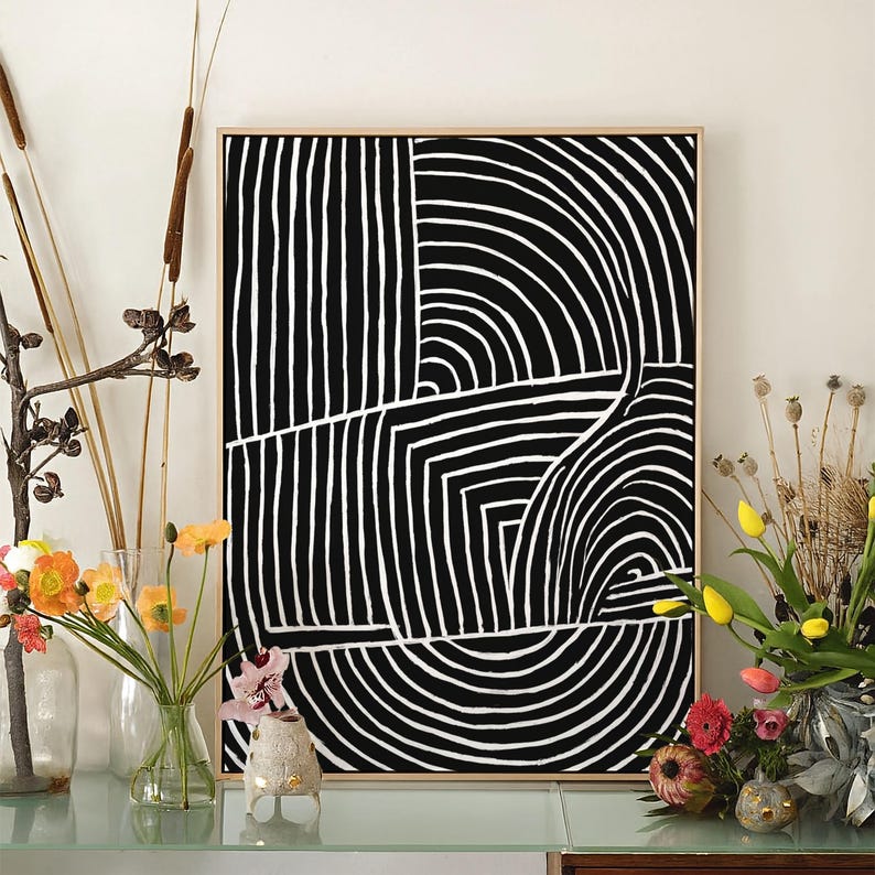 Black and White Geometric Canvas Wall Art – Modern Abstract Line Design ...