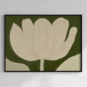 Peut inclure: Une peinture stylis&eacute;e d'une seule fleur blanche sur un fond vert. La fleur a une forme arrondie avec plusieurs p&eacute;tales.