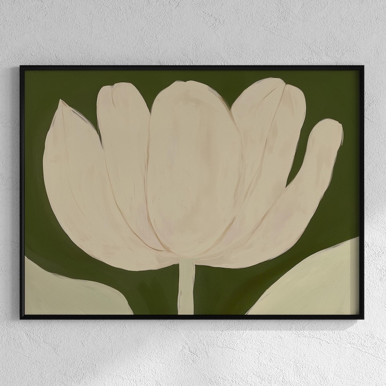Peut inclure: Une peinture stylis&eacute;e d'une seule fleur blanche sur un fond vert. La fleur a une forme arrondie avec plusieurs p&eacute;tales.