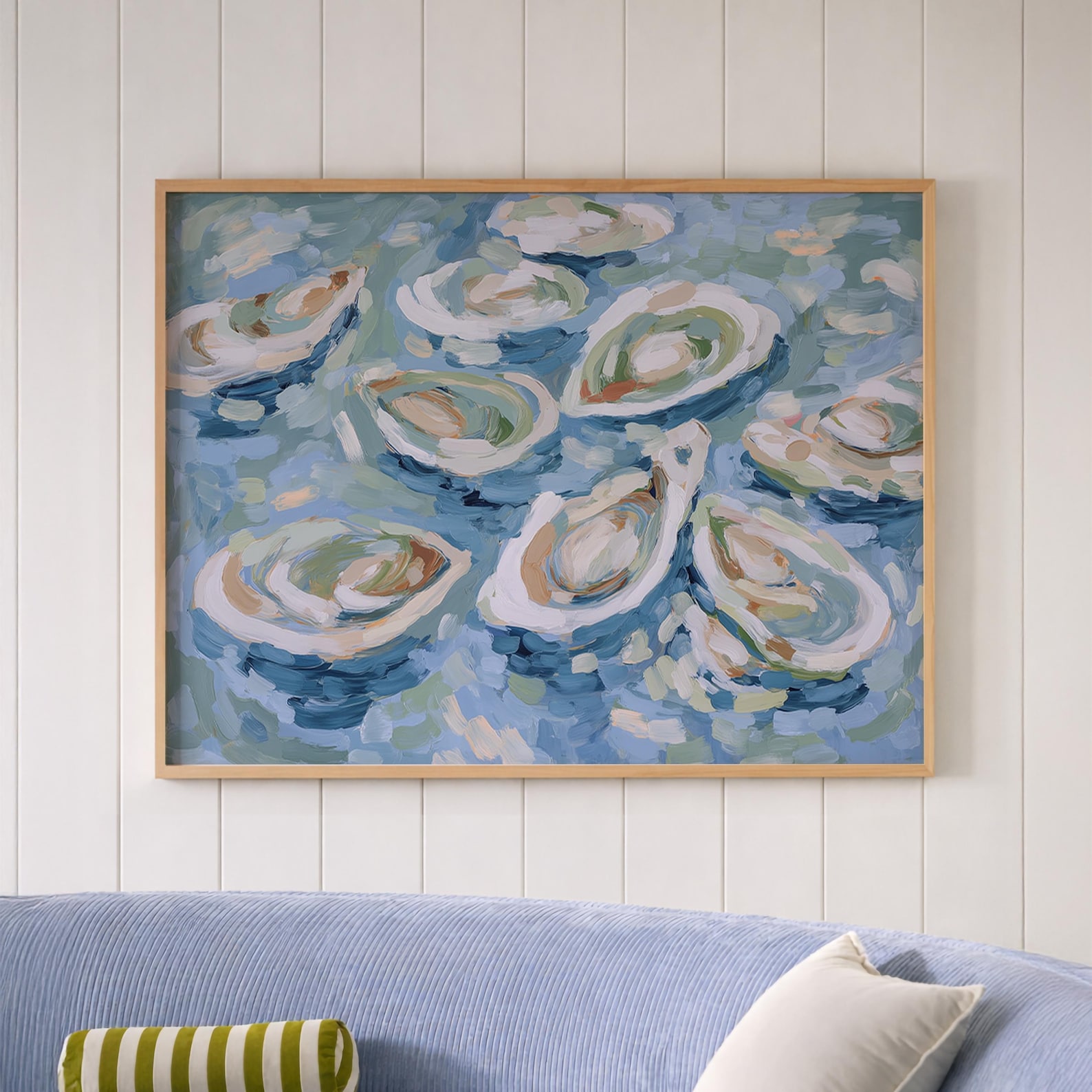 Abstract Oyster Art Print – Coastal Blue Wall Art, Modern Nautical Painting - 18x24″ / 45x60 cm, Wood frame