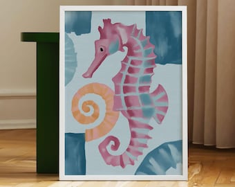 Pink Seahorse Print, Colorful Coastal Art, Whimsical Ocean Poster, Beach House Decor