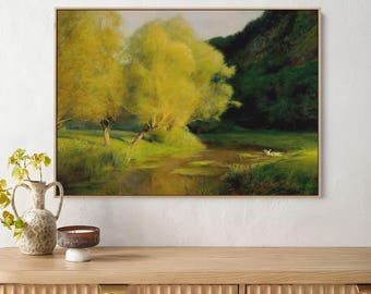Serene Pond Landscape Canvas, Vintage Willow Tree Nature Wall Art