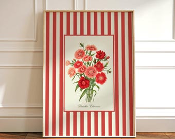 Striped Botanical Wall Art Print | Vintage Red Floral Bouquet Framed Poster | Nancy Myeres Aesthetic Wall Decor | Red Romantic Floral Print