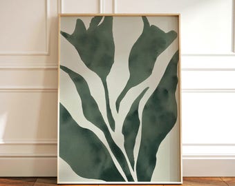 May include: A framed botanical print featuring a watercolor design of stylized green leaves and flower shapes against a cream background. The artwork is encased in a light wood frame, suitable for wall decor.