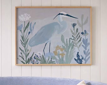 Egret Bird Print, Coastal Wall Art, Marshland Bird Painting, Soft Botanical Decor, Nature Poster