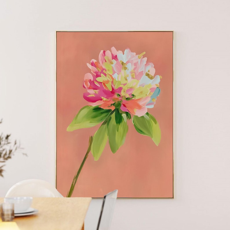 May include: A painting of a single pink, white, and yellow flower with green leaves on a peach background.