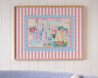 Coastal Harbor Wall Art with Pink Striped Frame