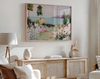 Lámina decorativa de pared con paisaje costero en tonos pastel suaves, vista floral abstracta junto al mar, escena tranquila de playa.