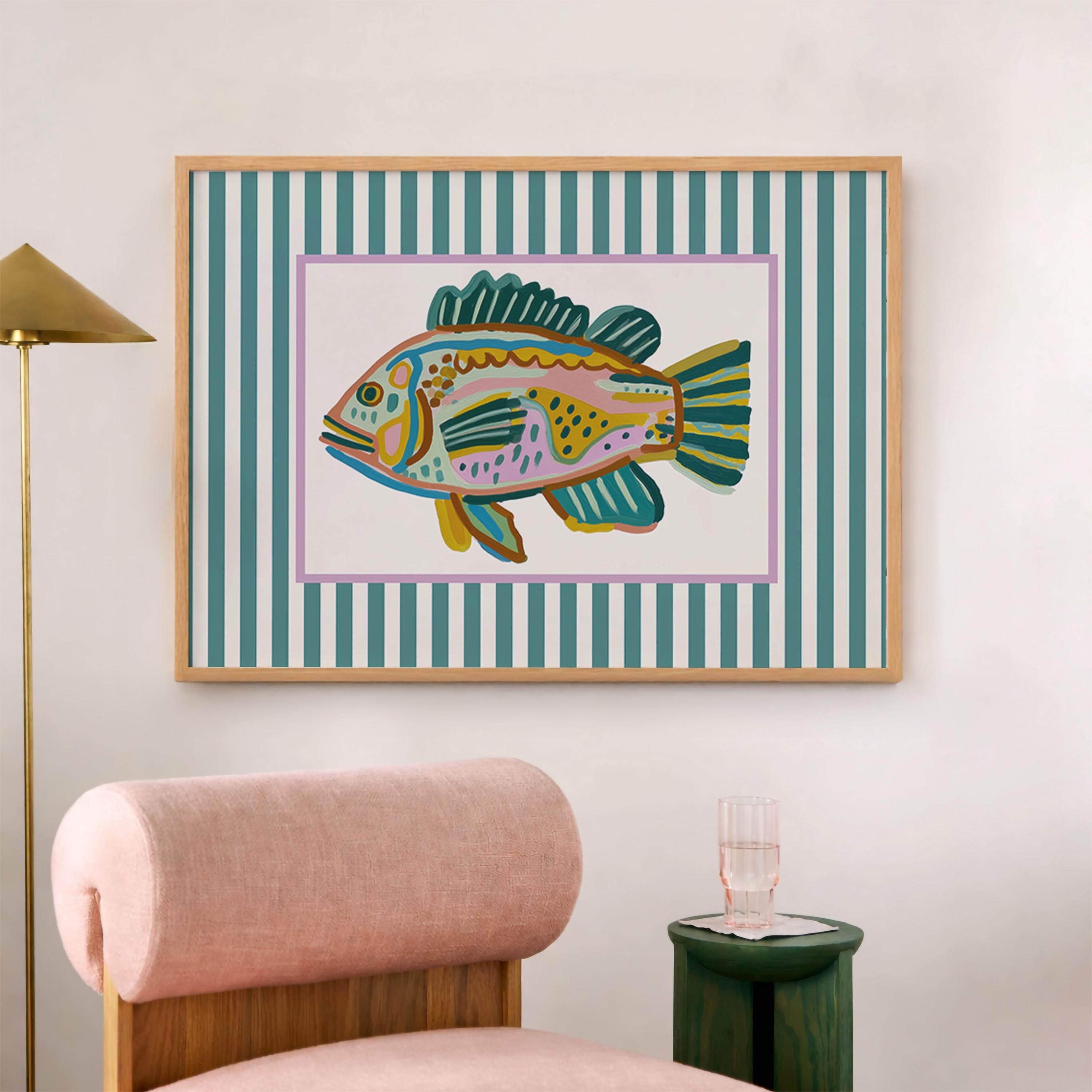 Colorful Fish Wall Art, Striped Coastal Print, Modern Beach House Decor ...
