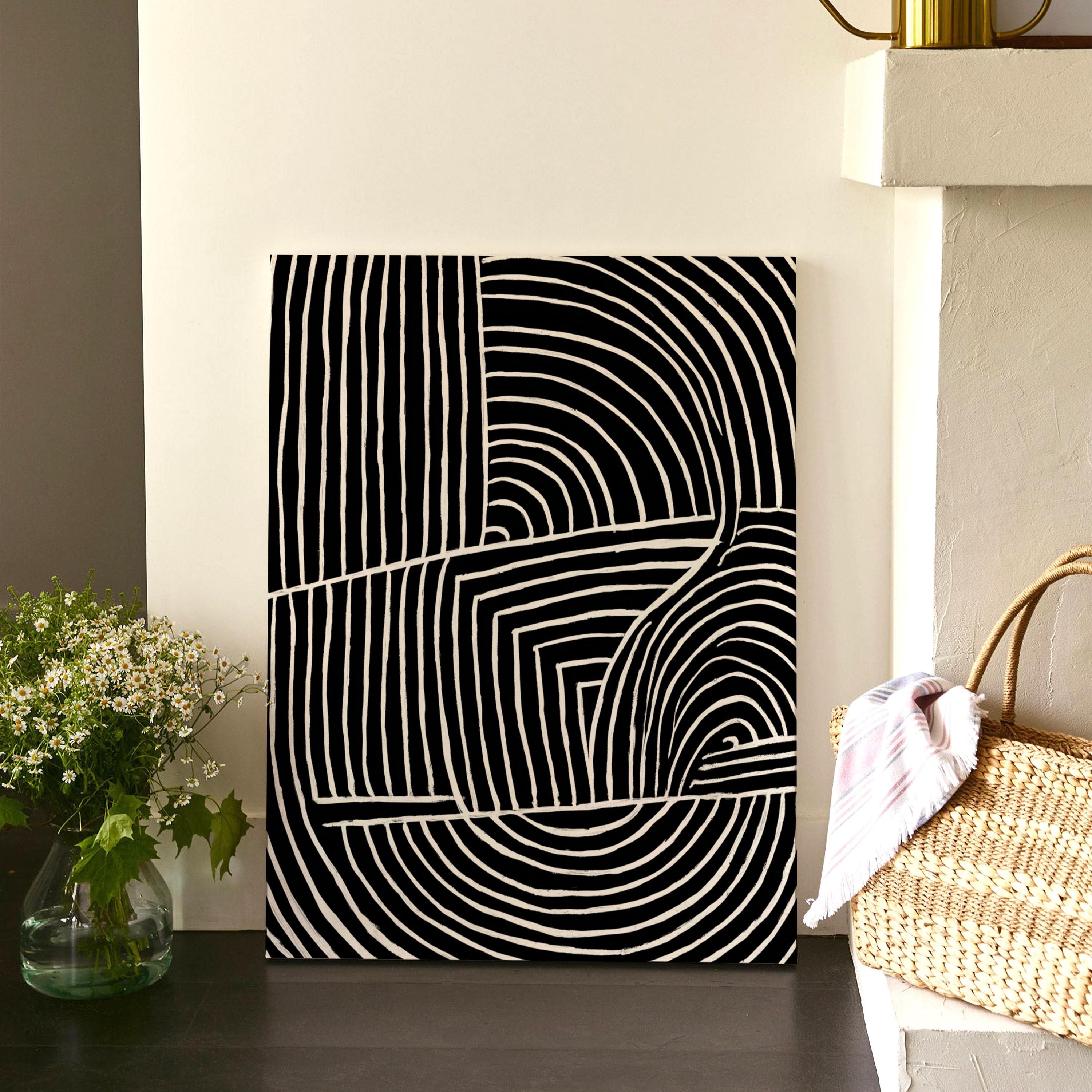 Black and White Geometric Canvas Wall Art – Modern Abstract Line Design ...