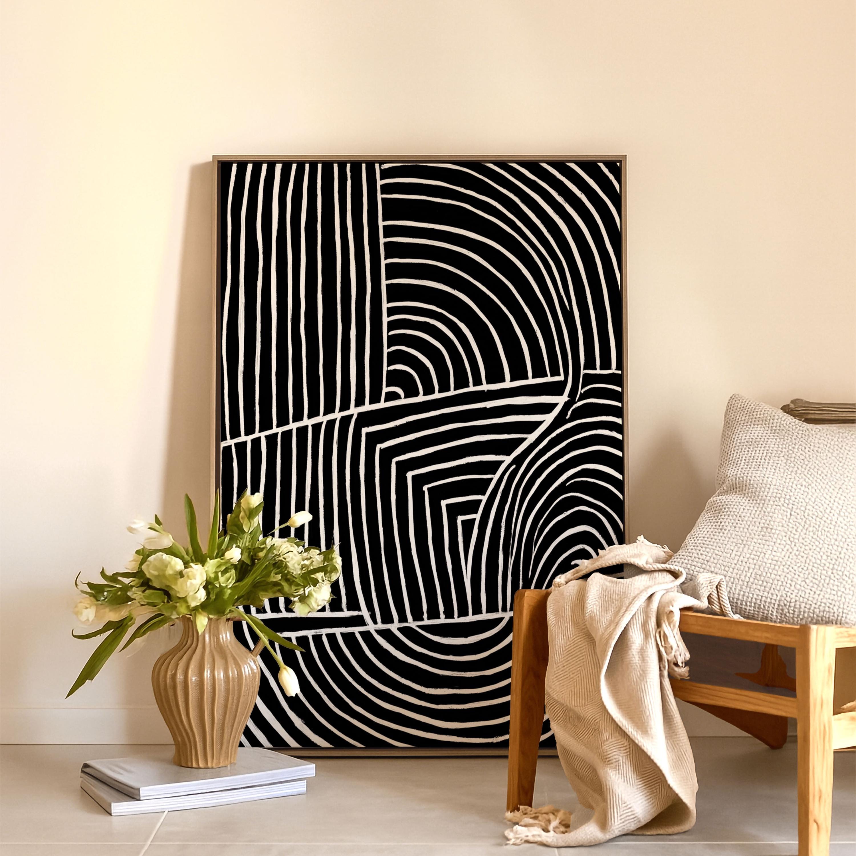 Black and White Geometric Canvas Wall Art – Modern Abstract Line Design ...