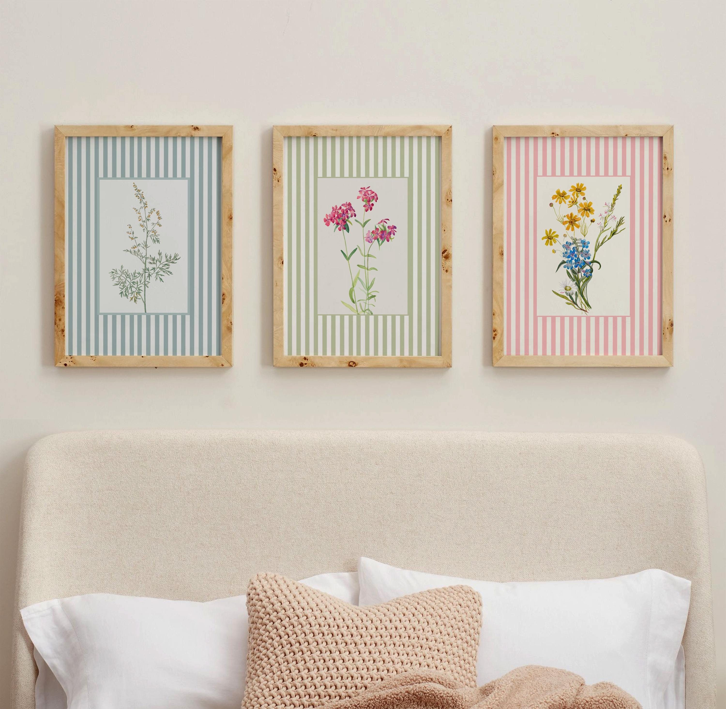 Set of 3 Botanical Striped Pastel Wall Art, Scandinavian Floral Prints, Modern Farmhouse Wall Decor, Cottagecore Feminine Wall Art Set