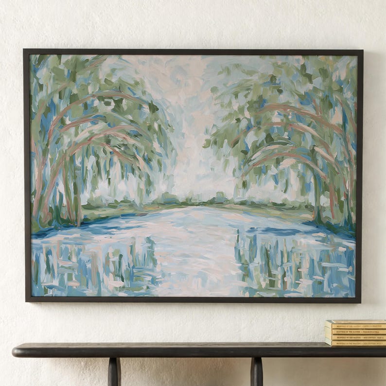 Abstract Landscape Art Print – Serene Lake and Trees Wall Decor in Blue ...