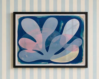 Abstract Floral Wall Art: Blue Pink Botanical Print, Modern Organic Decor