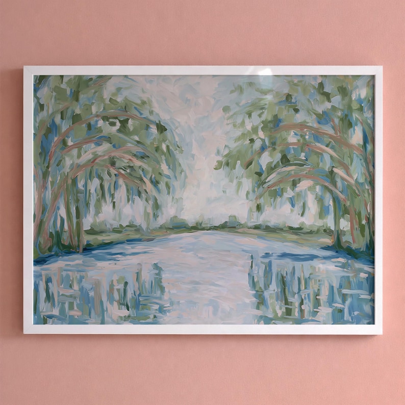 Abstract Landscape Art Print – Serene Lake and Trees Wall Decor in Blue ...