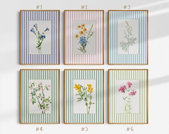 Danish Pastel Wall Art, Botanical  Floral Prints, Farmhouse Botanical Prints, Preppy Pastel Wall Art, Vintage Striped Floral Art Prints