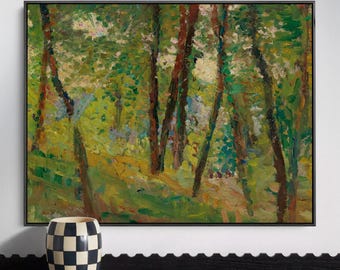 Cuadro de pared con paisaje de bosque iluminado por el sol, pintura impresionista de bosque, arte de la naturaleza verde.