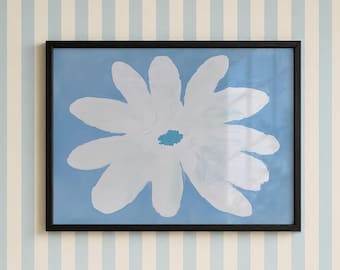 Blue Flower Wall Art, White Botanical Print, Modern Floral Decor
