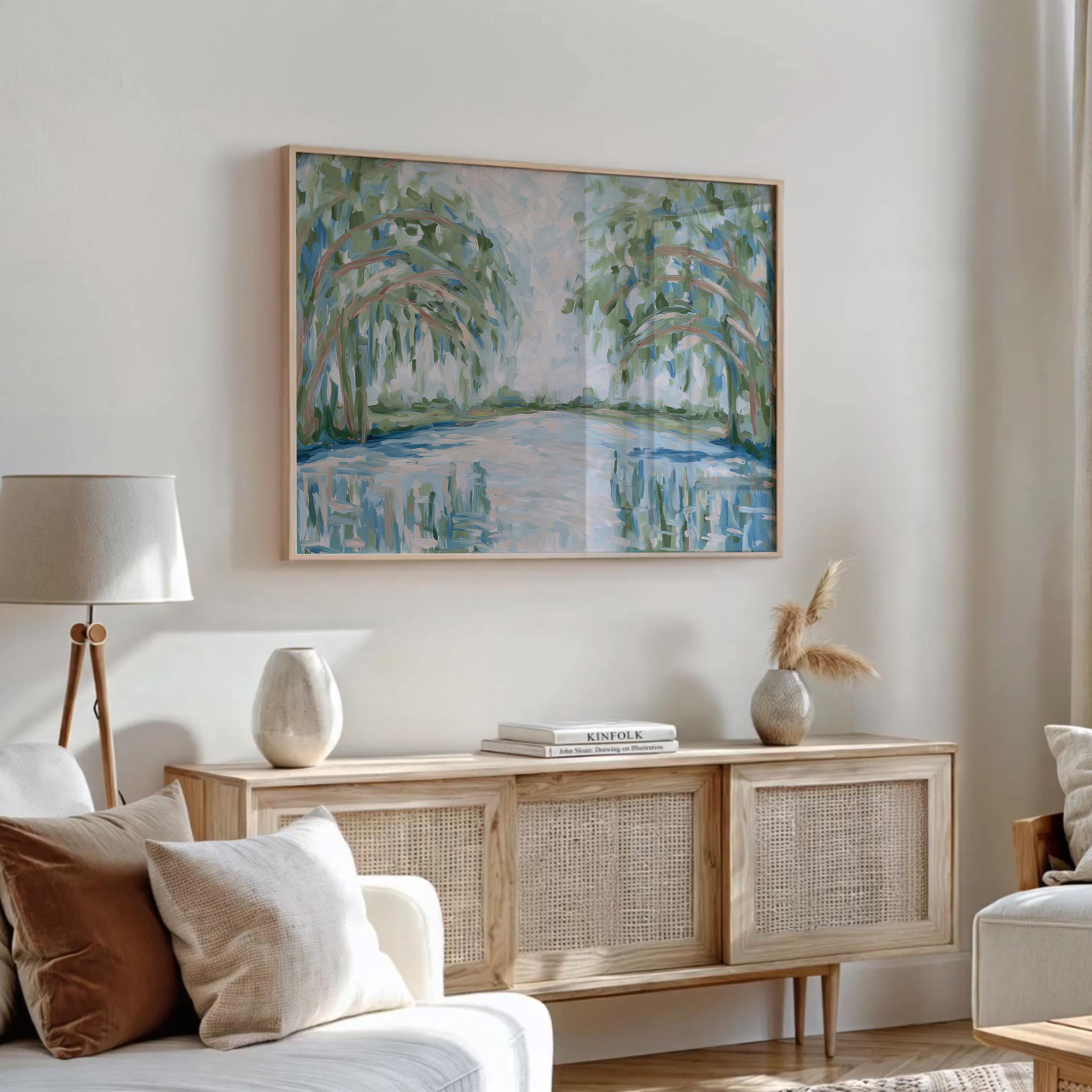 Abstract Landscape Art Print – Serene Lake and Trees Wall Decor in Blue ...