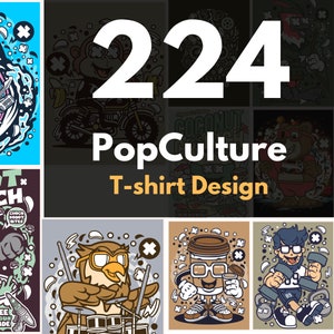224 designs de T-shirts Cartoon Pop Culture | 7 types de fichiers | idéal pour l'impression à la demande, les t-shirts, les autocollants, les sweats à capuche | Fichiers de conception prêts à l'emploi