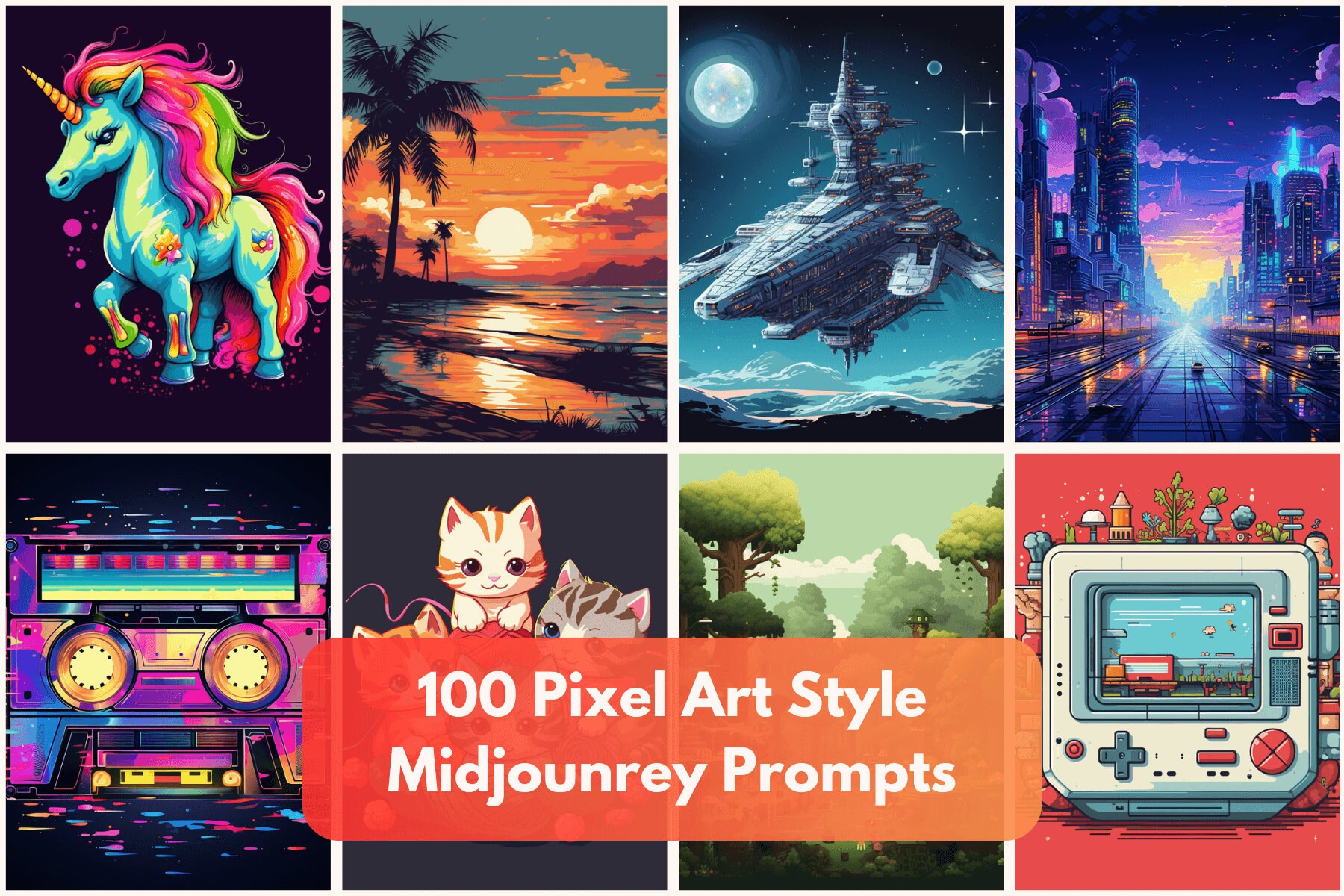 100 Midjourney Prompts AI Pixel Art Design AI Art Prompts POD Designs