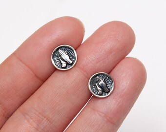 Unisex Small Praying Hand 999 Fine Silver Stud Earrings, Religious Jewelry, Screw Back, Gift for Him or Her