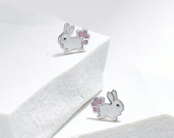 Cute Small Rabbit Stud Earrings, Bunny Jewelry, Fine Silver, Minimalist Earrings, Gift for Animal Lover, Gift for Girls