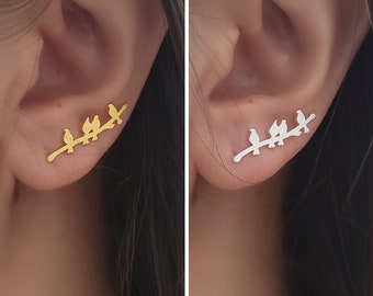 Cute Love Birds on Branch Crawler Earrings/Sterling Silver Climber Earrings/Gift for Her/Gift for Bird Lover/Gift for Friend