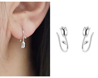 Dainty Small 999 Fine Silver Tulip Dangle Earrings/ Minimal Tiny Flower Sleeper Earrings/Gift for Her