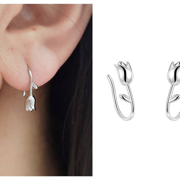 Dainty Small 999 Fine Silver Tulip Dangle Earrings/ Minimal Tiny Flower Sleeper Earrings/Gift for Her