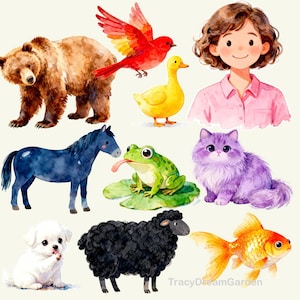 Puede incluir: Ilustraciones en acuarela de varios animales y una niña. La imagen incluye un oso pardo, un pájaro rojo, un pato amarillo, un caballo azul, una rana verde, un gato morado, un cachorro blanco, una oveja negra y un pez dorado. La niña lleva una camisa rosa.