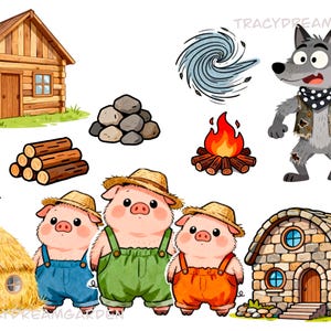 以下が含まれることがあります： 三匹の子豚のおとぎ話の要素を描いた、気まぐれなイラスト。 オーバーオールを着た3匹の豚、わら、木、レンガで作られた家、オオカミ、たき火、渦巻く風のグラフィックが含まれています。 木造の家と石の山も表示されています。