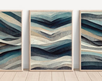 Neutral Beige Blue Abstract Wall Art Set of 3 Piece Art Prints Navy Apartment Decor Tan Gray Grey Navy Blue Wall Art Print Navy Modern Decor