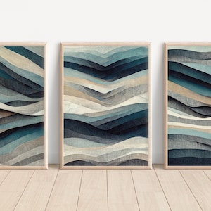 Neutral Beige Blue Abstract Wall Art Set of 3 Piece Art Prints Navy Apartment Decor Tan Gray Grey Navy Blue Wall Art Print Navy Modern Decor