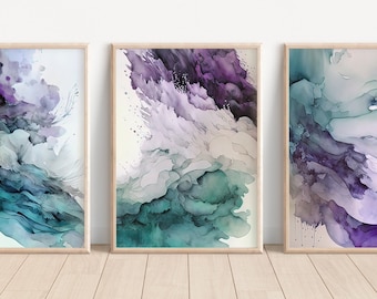 Purple Teal Watercolor Wall Art Set of 3 Printable Abstract Wall Art Bundle Smoke Purple Modern Wall Art Minimalist Violet Boho Decor Prints