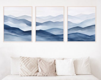 Blue Abstract Mountains Wall Art Set of 3 Piece Wall Art Navy Blue Mountain Landscape Printable Wall Art Blue Modern Decor Blue Abstract Art