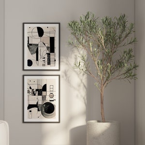 Midcentury Modern Printable Wall Art Set of 2 Black and Tan Abstract Print Modern Neutral Abstract Minimalist Black & White Wall Art