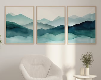 Teal Mountains Wall Art Set of 3 Piece Wall Art Prints Teal Watercolor Mountains Wall Art Blue Abstract Landscape Print for Minimalist Décor