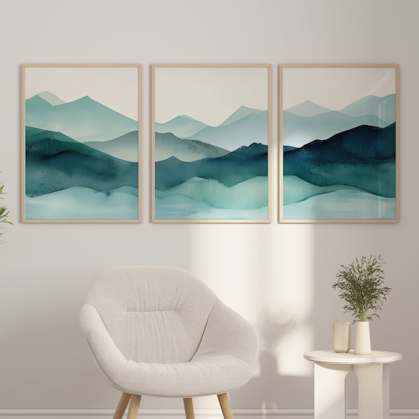 Teal Mountains Wall Art Set of 3 Piece Wall Art Prints Teal Watercolor Mountains Wall Art Blue Abstract Landscape Print for Minimalist Décor