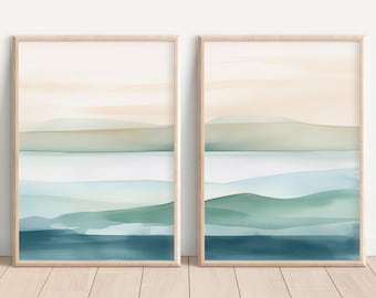 Ocean Watercolor Wall Art Set of 2 Beach Home Decor Ocean Waves Teal Beach Decor Seascape Wall Art Coastal Home Decor Abstract Beach Art