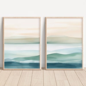 Beach Wall Art Set of 2 Piece Art Prints, Printable Wall Decor, Serene Tranquil Spa Art, Home Office Ocean Water Landscape Watercolor Art